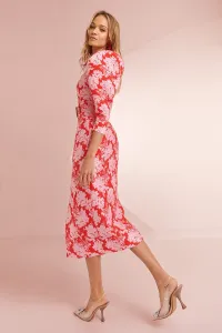 Vestido midi brocado flores rojo y rosa Lucy