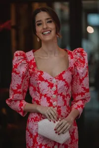 Vestido midi brocado flores rojo y rosa Lucy