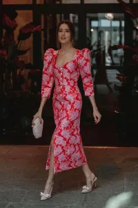 Vestido midi brocado flores rojo y rosa Lucy