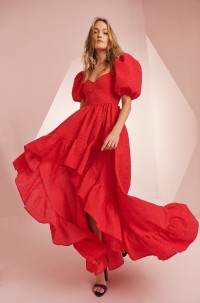 Vestido brocado rojo con volante y manga globo Scarlett