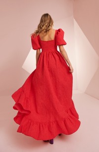 Vestido brocado rojo con volante y manga globo Scarlett