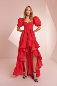 Vestido brocado rojo con volante y manga globo Scarlett
