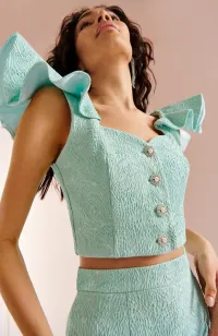 Top con volante en el hombro brocado aguamarina Zooey