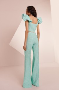 Top con volante en el hombro brocado aguamarina Zooey