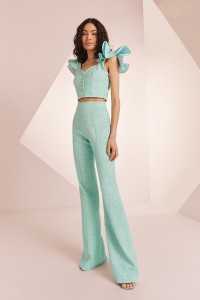 Top con volante en el hombro brocado aguamarina Zooey