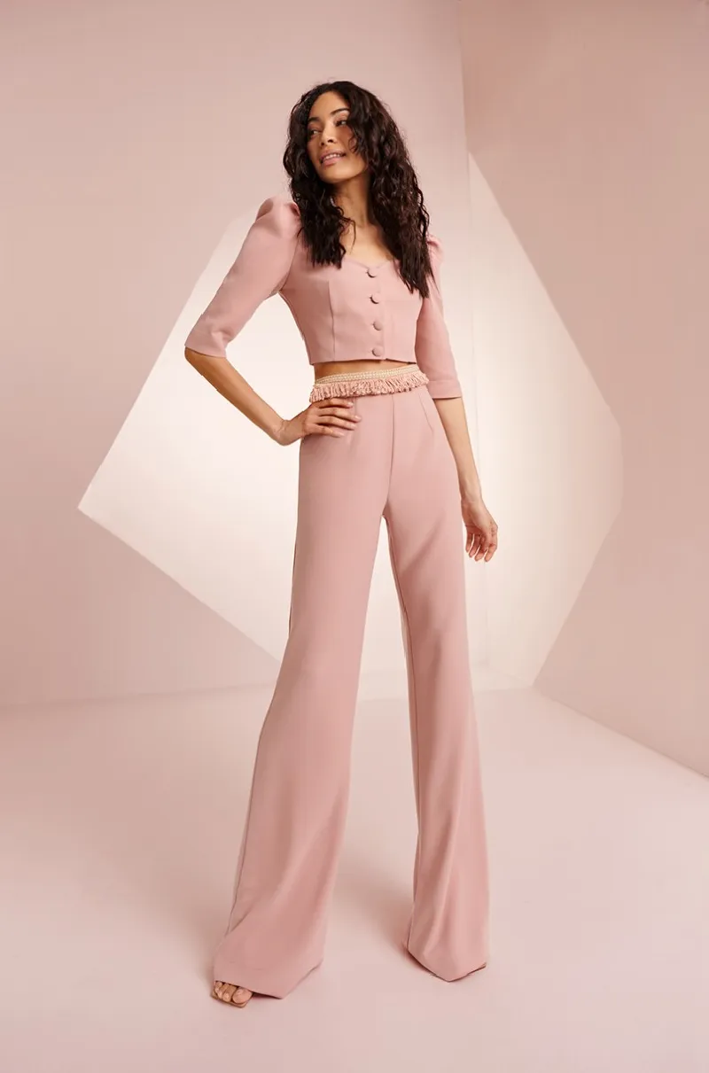 Pantalón Palazzo Crepe Rosa con Pasamanería Brie