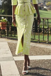 Falda brocada flores lima con peplum y botones joya