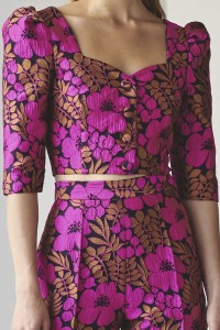 Conjunto de pantalon  y top brocado flores rosa fucsia para