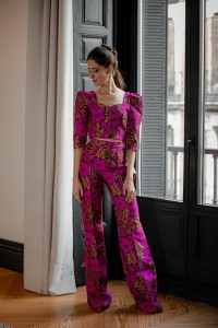 Conjunto de pantalon  y top brocado flores rosa fucsia para