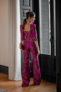 Conjunto de pantalon  y top brocado flores rosa fucsia para