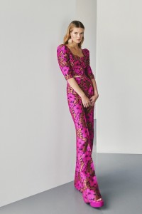 Conjunto de pantalon  y top brocado flores rosa fucsia para