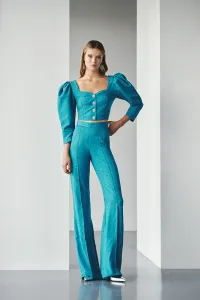 Conjunto de pantalon y top corto jacquard azul con escote corazon