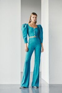 Conjunto de pantalon y top corto jacquard azul con escote corazon