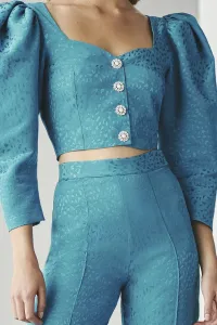 Conjunto de pantalon y top corto jacquard azul con escote corazon