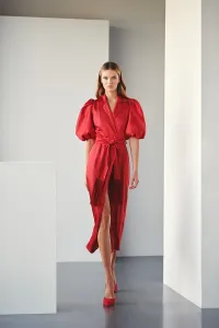 Vestido midi saten cruzado con manga globo para invitada boda