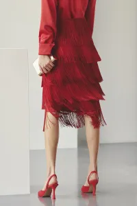 Falda de flecos satén cobre rojo para fiesta