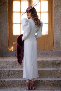 Vestido de fiesta con mangas volumen crepe gris plata para boda