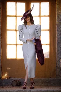 Vestido de fiesta con mangas volumen crepe gris plata para boda