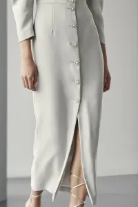 Vestido de fiesta con mangas volumen crepe gris plata para boda