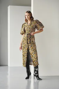 Vestido midi cruzado estampado de lunares mostaza negro y blanco