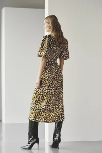 Vestido midi cruzado estampado de lunares mostaza negro y blanco