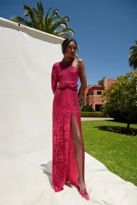 Vestido de fiesta asimetrico largo de lentejuelas rosa fucsia