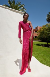 Vestido de fiesta asimetrico largo de lentejuelas rosa fucsia