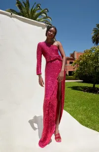 Vestido de fiesta asimetrico largo de lentejuelas rosa fucsia