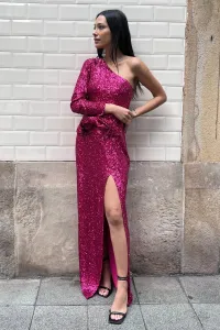 Vestido de fiesta asimetrico largo de lentejuelas rosa fucsia