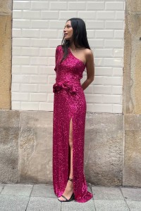Vestido de fiesta asimetrico largo de lentejuelas rosa fucsia