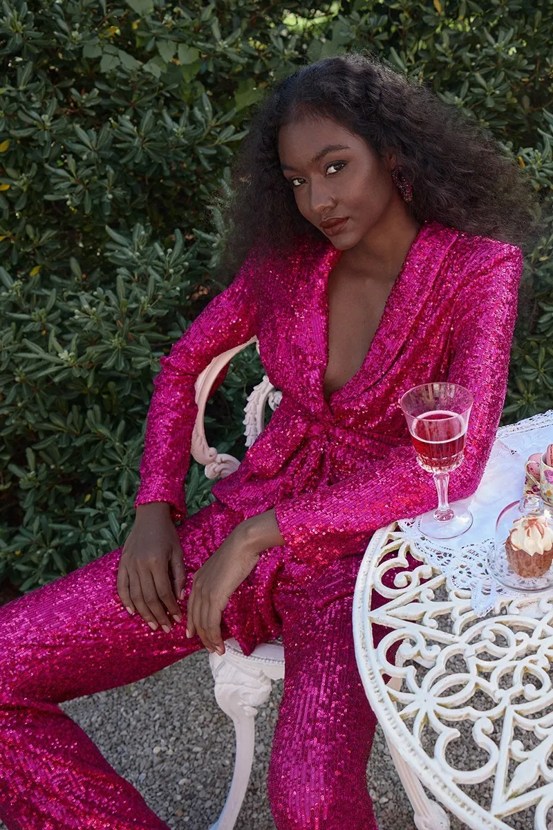 Traje chaqueta y pantalon de lentejuelas rosa palo