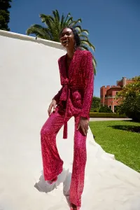 Traje chaqueta y pantalon de lentejuelas rosa palo