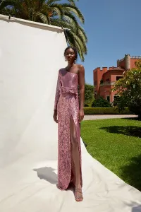 Vestido de fiesta asimetrico largo de lentejuelas rosa palo