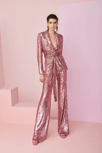 traje de fiesta de lentejuelas rosa empolvado de blazer y pantalon