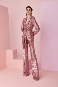 traje de fiesta de lentejuelas rosa empolvado de blazer y pantalon