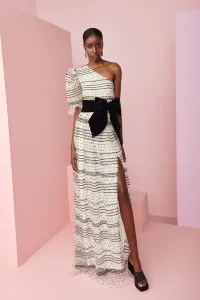 Vestido largo asimetrico plumetti blanco negro para invitada o
