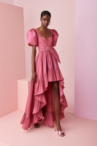 Vestido de fiesta largo asimetrico con volante en tafetan rosa