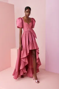 Vestido de fiesta largo asimetrico con volante en tafetan rosa