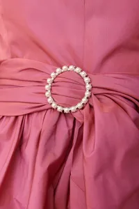 Vestido de fiesta largo asimetrico con volante en tafetan rosa