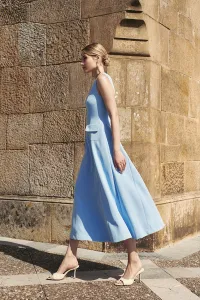 vestido evasé crepe azul invitada boda