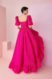 Vestido de fiesta largo asimetrico con volante en tafetan rosa