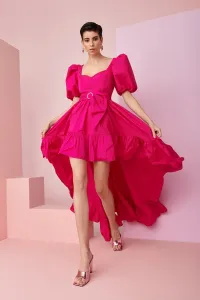 Vestido de fiesta largo asimetrico con volante en tafetan rosa