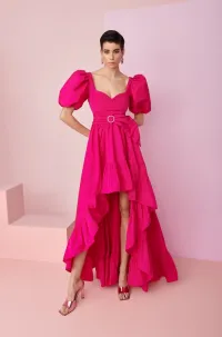 Vestido de fiesta largo asimetrico con volante en tafetan rosa