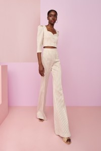 Conjunto de pantalon palazzo y top corto con botones rayas beige