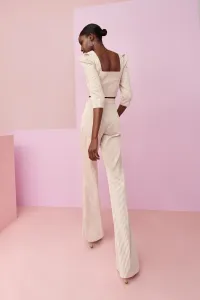 Conjunto de pantalon palazzo y top corto con botones rayas beige