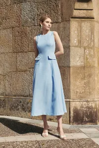 vestido evasé crepe azul invitada boda