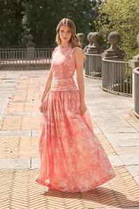 Vestido largo rosa con flores blancas de fiesta para boda con