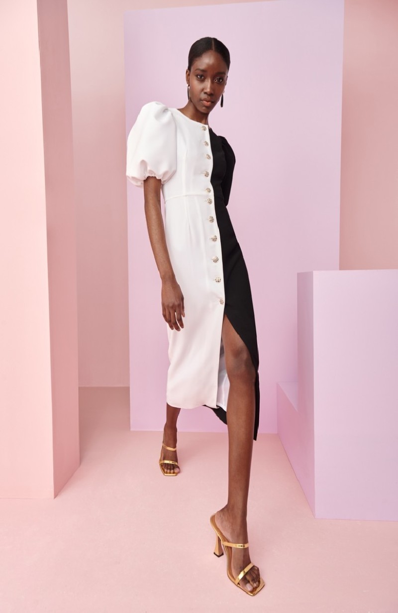 Vestido midi con mangas abullonadas y botones joya blanco y negro