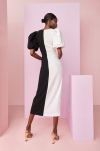 Vestido midi con mangas abullonadas y botones joya blanco y negro