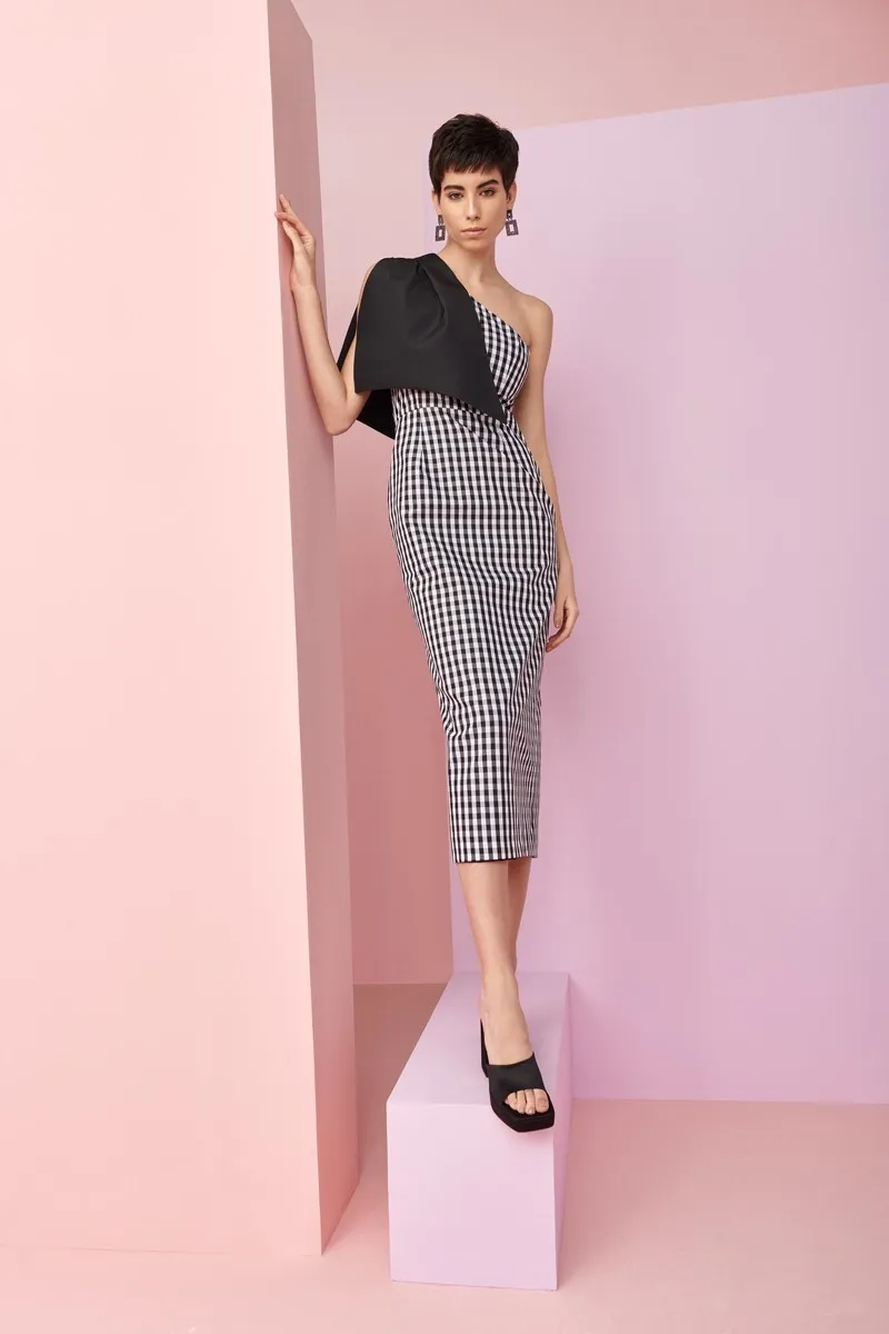 Vestido de fiesta cuadro vichy negro blanco asimetrico con lazo